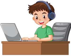 A cartoon boy with brown hair is sitting at a desk, wearing a green shirt and large blue headphones. He is smiling while typing on a laptop in front of him, exploring different types of website security. The chair he is sitting on is gray.