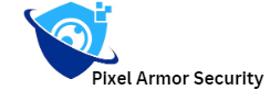 Logo of Pixel Armor Security featuring a stylized blue shield with a white eye in the center, encircled by a blue swoosh. The company name "Pixel Armor Security" is written in black letters on the right side of the logo.