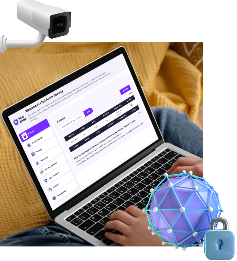 A Person Is Using A Laptop Displaying A Security Application Interface. Surrounding The Laptop Is A Surveillance Camera At The Top Left And A Translucent Spherical Structure And A Padlock At The Bottom Right, Symbolizing Data Security And Protection.