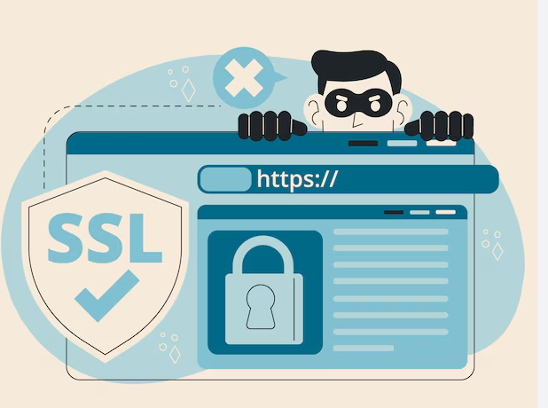 Illustration Of A Masked Thief Peeking Over A Web Browser Window With A Security Padlock Icon And "https://" Url Bar. An "ssl" Shield With A Checkmark Is On The Left, Indicating Secure Communication. A Large "x" Symbol Is Above, Implying A Warning.